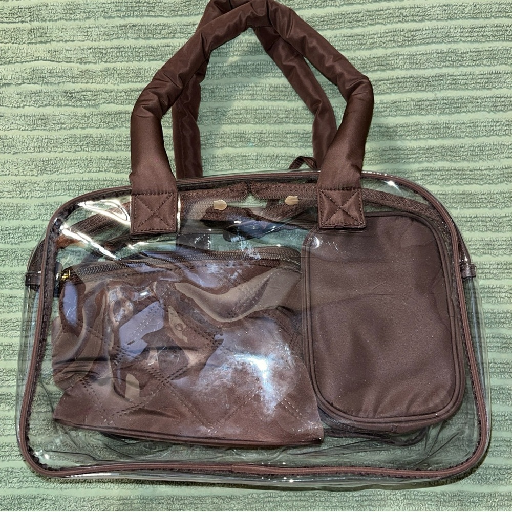Clear Travel Tote with Brown Fabric Pouches